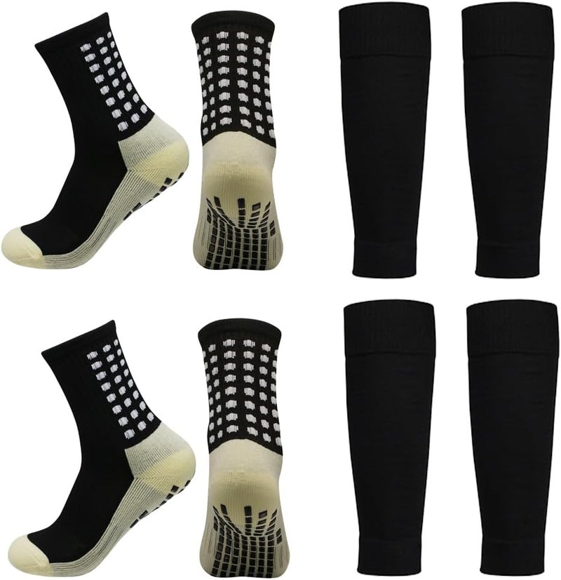 BUKEORE 2 Set Anti-Slip Grip Soccer Socks with Shin Guard Sleeves, Sports Athletic Socks for Men Women - Image 1